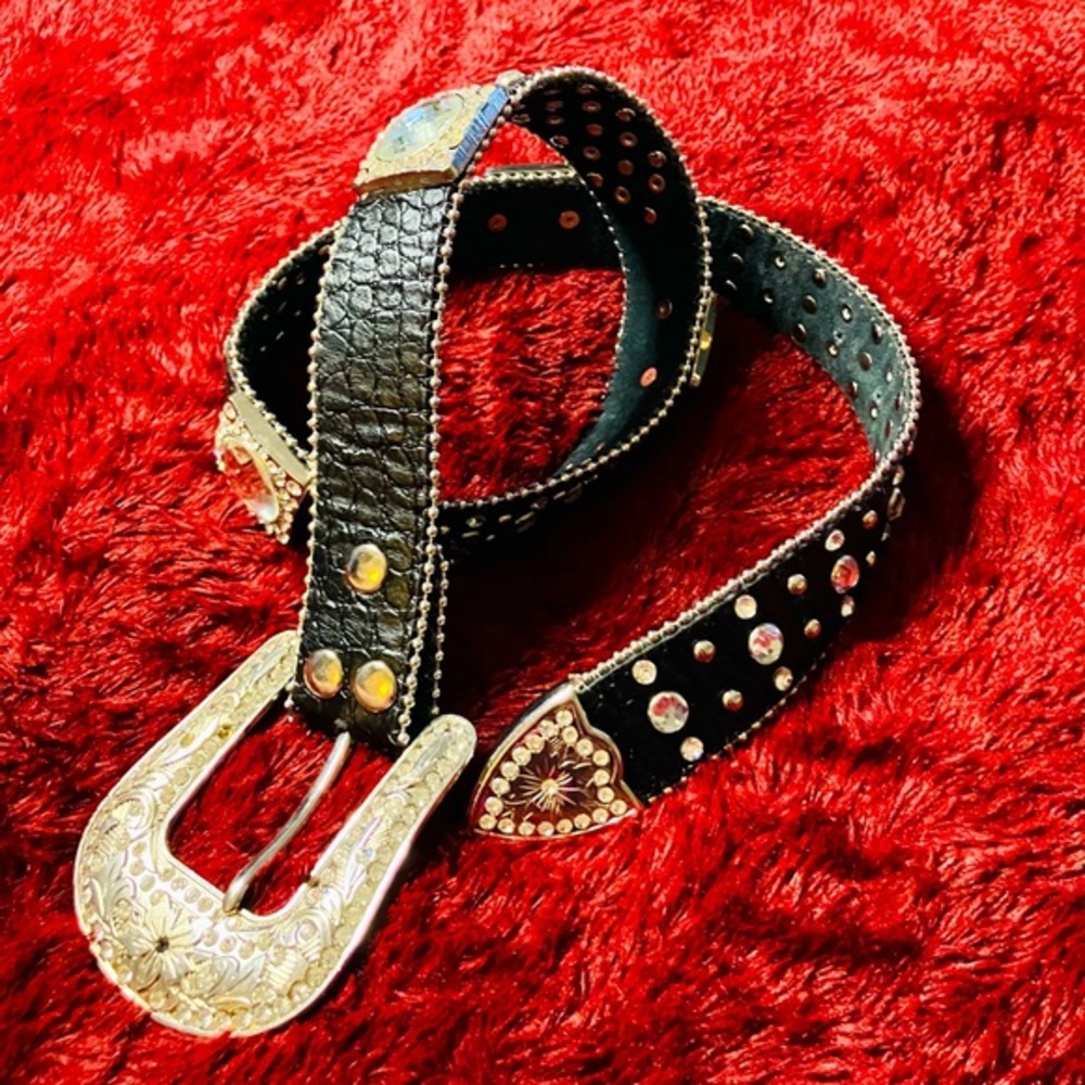 Crystal Studded Black Leather Belt with Large Crystals & Silver Accents Size M